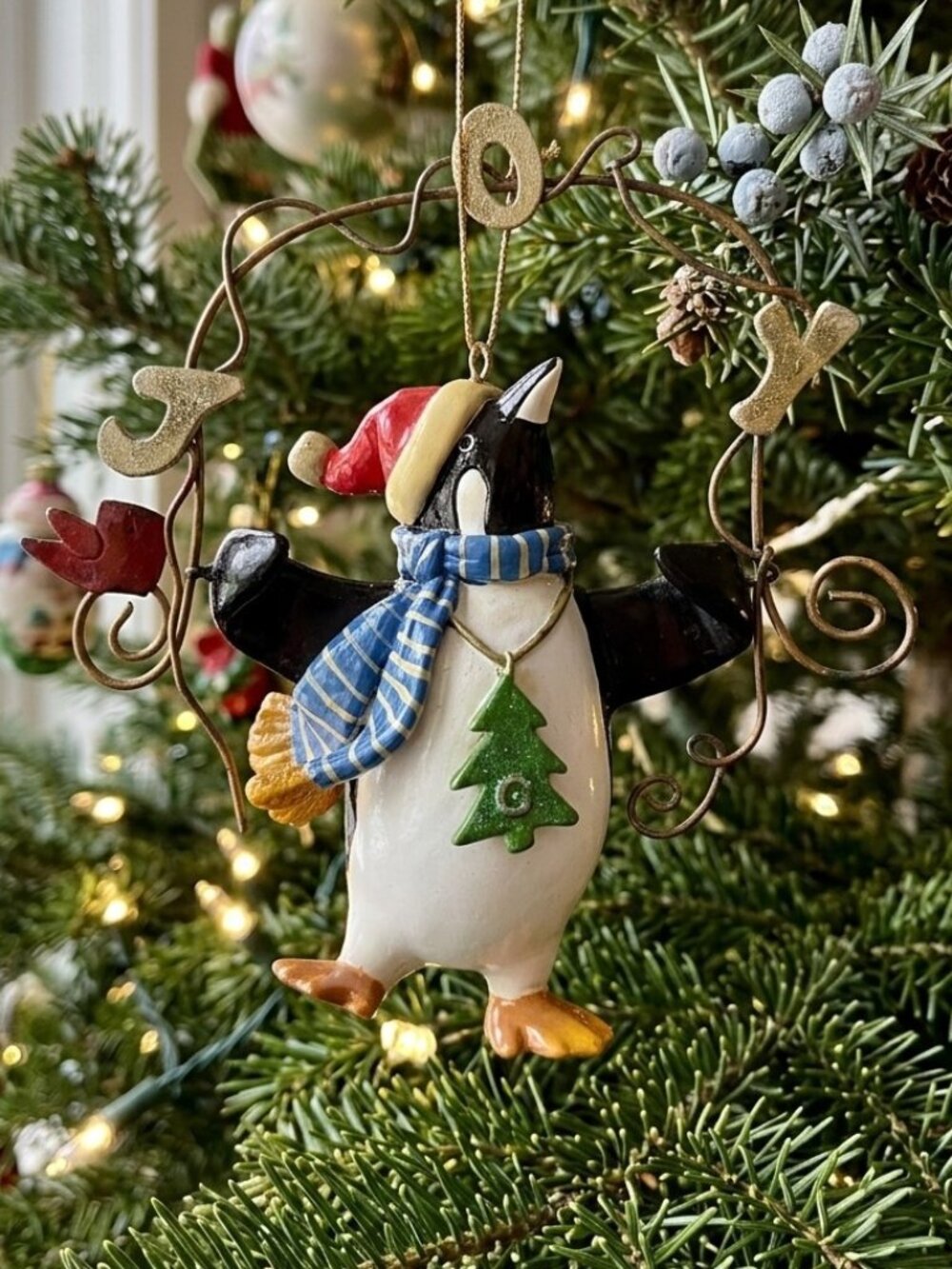Vintage Penguin Glass Christmas Ornament Joy Wreath